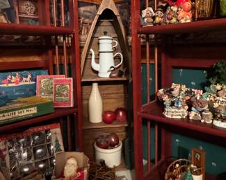 Multiple Boat shaped shelving - large and small, Primitive Crocks and bottles