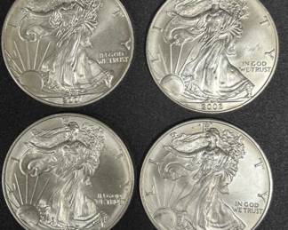 4 American Silver Eagle Coins 2001 , 2002, 2003 2004 1 oz .999 Fine Silver Each