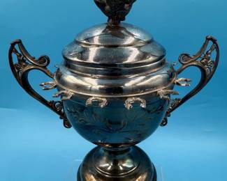Antique William Rogers Silver Plate Sugar Bowl With Bird Finial And Spoon Holders
