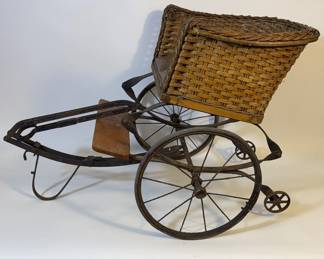 Antique Wicker and Iron Childs Push Cart Victorianera Baby Carriage