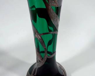 Art Nouveau Silver Overlay Green Glass Vase By Alvin