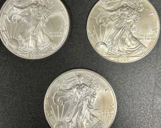 3 American Silver Eagle Coins 2001, 2002, 2003 1 Oz. .999 Fine Silver Each