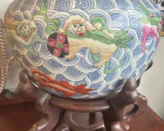 Chinese Famille Rose Fish Bowl Foo Dog Ocean Waves
