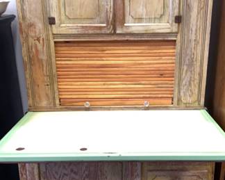 Antique Hoosier Cabinet with Enamel Work Surface and RollTop Door