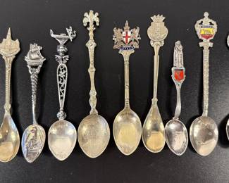 Collection Of Vintage Souvenir Spoons, Likely Made Of Silver Or Silver Plated