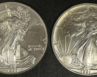 2 American Silver Eagle Coins 1991 1999 1 oz .999 Fine Silver Each