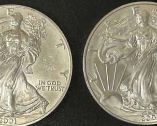 2 American Silver Eagle Coins 2001 1 Oz .999 Fine Silver Each