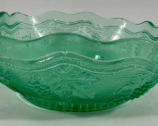 Antique Green Depression Glass Bowl With Scallop Edge And Grape Pattern