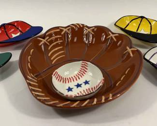 BaseballThemed Ceramic Serving Set Glove Bowl, Baseball Dip Bowl Cap Trays