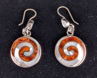 950 Silver Necklace And Earrings With Coral And Abalone Shell And 925 Sterling Silver Chain 