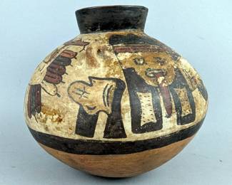 Native American Indian Polychrome Round Bottom Pottery Jar With Handles, 7" Tall x 7" Wide 