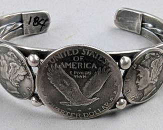 Sterling Silver Bangle Bracelet With Domed Standing Liberty Quarter And Mercury Dimes, Artist Signed, L Archuleta, 925 Silver,2.25" x 2"