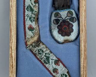 Native American Indian Beadwork Pieces In Wood And Glass Display Case, 16" x 10" 