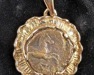 Ancient Greek Bronze Coin, Minted in Maroneia (Thrace) Circa: 400 BC, Mounted In 14K Gold Pendant 