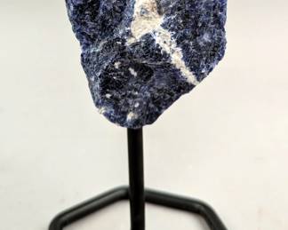 Mineral Specimens, Including Black Obsidian, Fuchsite, Sodalite, And Rose Quartz, On Metal Display Stands, Approx. 5"-5.75" Tall