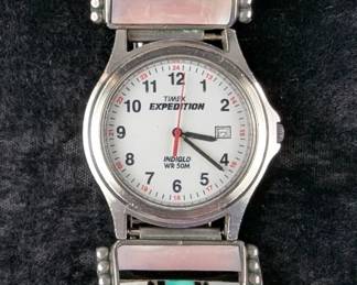 Hand Crafted Zuni Native American Inlaid Watch Band, Signed By Artist, And Timex Expedition Watch 