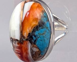 Spiny Oyster Copper Turquoise Cabochon Ring, 925 Sterling Silver - Size 9 