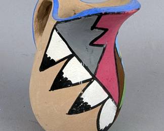 Colorful Painted Native American Indian Pottery Pitcher, Marked "Jemez" And "Santa Fe, N.M.", 3.5" Tall x 2.5" Wide 
