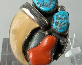 Native American Bear Claw Ring With Turquoise And Coral Stones, Size 10 