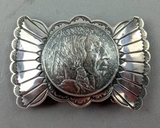 Sterling Silver Belt Buckle With Pressed MM Indian Head Design Fantasy Coin, 925, Marked "Buffalo Dancer"