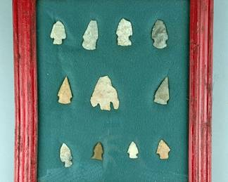 Native American Indian Arrowhead Collection, Qty. 11, In Wood And Glass Frame 