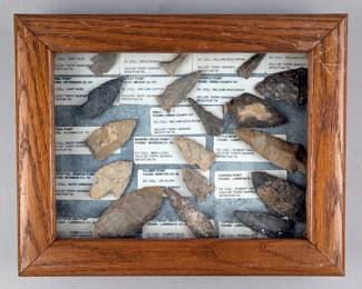 Native American Arrowhead Collection, Including Bakers Creek Point, Wade Point, Drills, And More, Qty. 17, In Wood And Glass Shadow Box Display Case