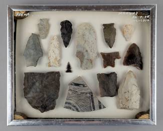 Arrowhead, Stone, And Pottery Chip Collection, Qty. 14, In Metal And Glass Display Case 
