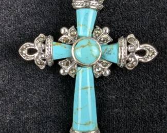 Turquoise And 925 Sterling Silver Western Style Cross Pendant 
