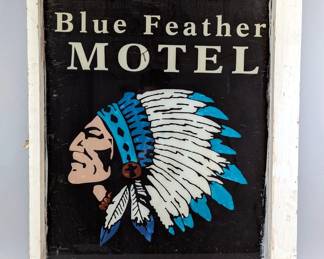 Blue Feather Motel Native American Indian Head Window Pane Sign, 28" x 33" 