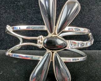 Sterling Silver And Black Onyx Dragonfly Bangle Bracelet