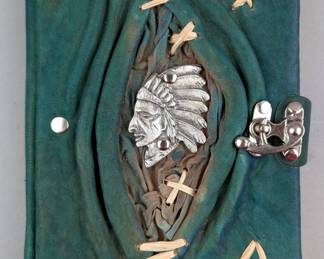 Handcrafted Latching Leather Journal With Metal Native American Indian Head, 7.5" x 5.75" 