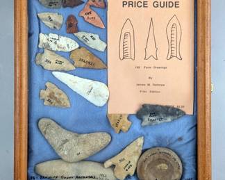 Native American Indian Arrowhead And Stone Collection, Qty. 18, With 'Indian Relic Price Guide' Booklet, In Wood And Glass Locking Display Case