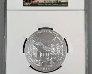 2014 P 5oz. Silver 25c America's National Treasures - Tennessee Great Smoky Mountains Coin, SP 70