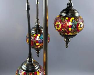 Turkish Mosaic Bronze Finish Floor Lamp With 3 Hanging Globes, 30"