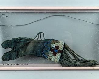 Native American Indian Beadwork Piece In Metal And Glass Display Box, 15.5" x 8.25" 