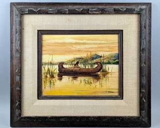 Carol Holmes 'Mandan Hunter' Painting In Wood Frame, Frame Measures 17.5" x 15.5", Painting Measures 9.5" x 7.5" 