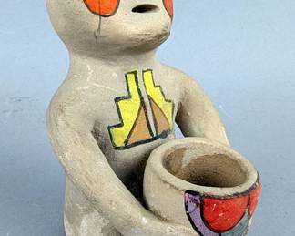 Painted Native American Indian Pottery Figure Holding A Pot, 5.25" Tall x 3" Wide 