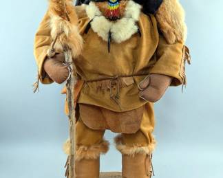 Handmade Native American Indian Warrior In Detailed Winter Clothing, Artist Signed, 24" Tall 