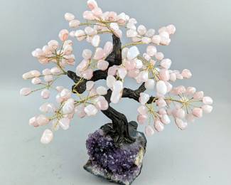 Rose Quartz Gemstone Tree On Amethyst Geode Base, 180 Stones, 14.5" Tall 