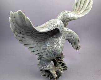 Carved Stone Eagle Sculpture, Possibly Jade, Jadeite, Or Aventurine, 9.75" Tall 