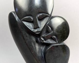 Polished Hand Carved Soapstone Faces Sculpture, Marked Manase, 8.75" Tall 