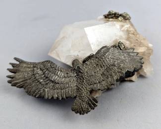 Eagle Sculpture On Quartz Crystal And Pyrite Mineral Specimen, 5.5" Long 