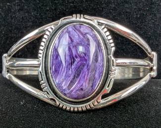 Sterling Silver And Charoite Cabochon Bangle Bracelet