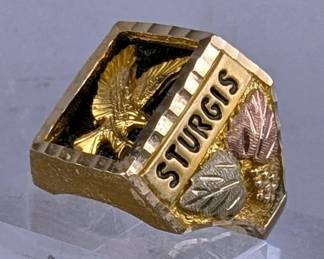 Men's 10k Yellow Gold Sturgis Ring With Black Hills Gold Leaves And Gold Eagle & Black Onyx , Size 8.5 