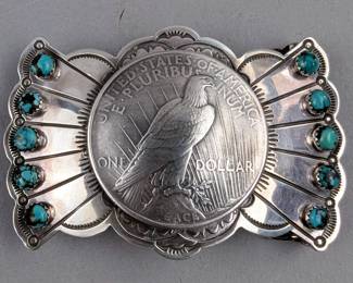 Sterling Silver And Turquoise Domed Peace Dollar Belt Buckle , 10 Round Turquoise Stones, 925 Silver, Marked "Buffalo Dancer" 