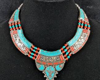 Tibetan Silver, Turquoise, And Red Coral Inlay Necklace 