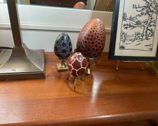Egg decor and framed embroidered art