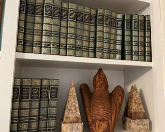 Funk & Wanalls set, obelisk, and wooden bird sculpture 