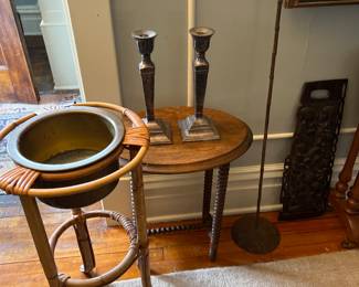 Bamboo plant stand with brass bowl, vintage side table and candle sticks