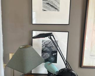 Framed art, table lamps, and clock